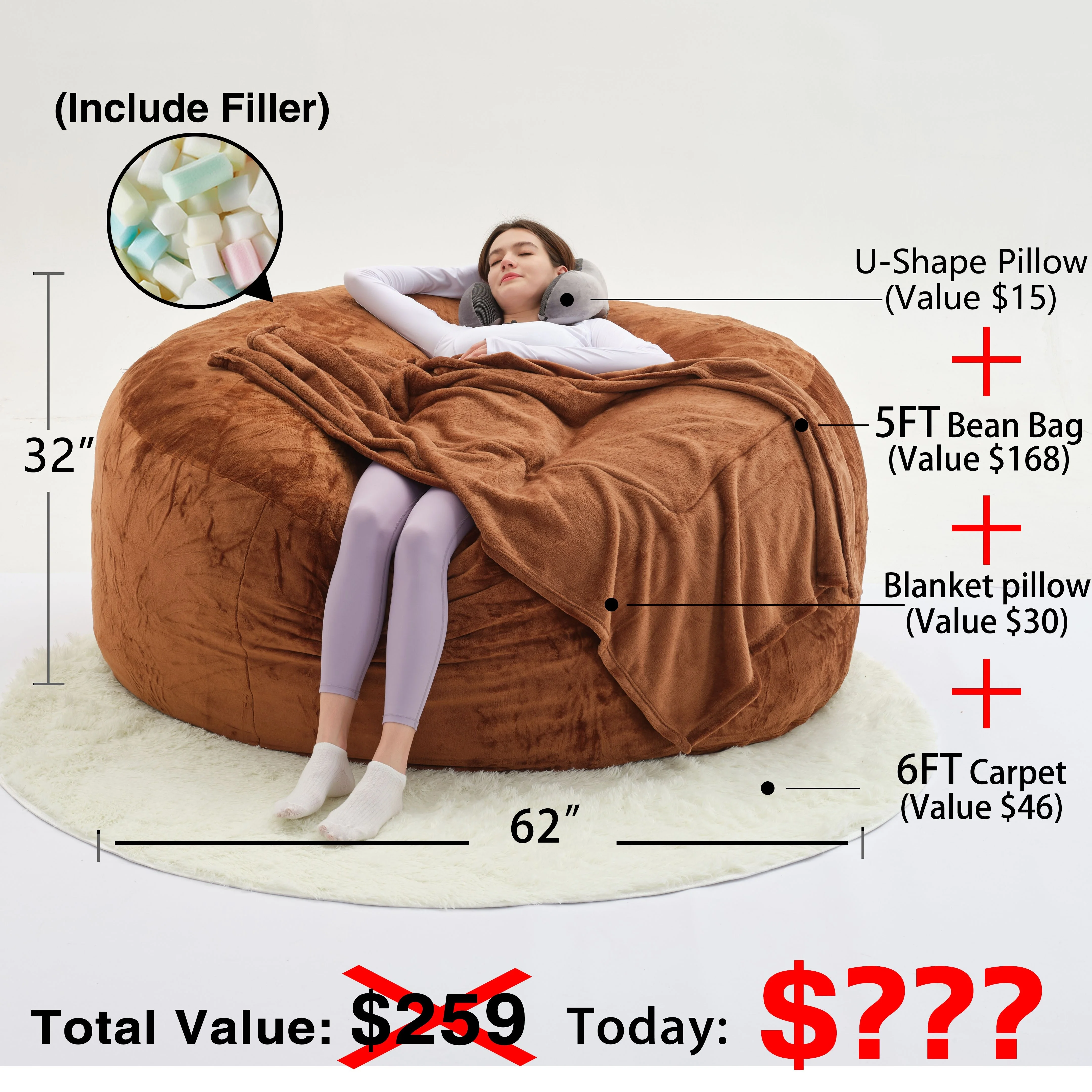 Beanbag Sofa Chair Include Filler( The Set Contains Bean Bag Chair, U-shape Pil…