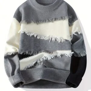 Men'S Streetwear Sweater - Thick Winter Pullover Sweater with Red/Black/White/Gray Color Block, Loose Fit Long Sleeve Sweater for Urban Fashion, Fall/Winter Casual Outfits - Easy Care Knit Sweater for Everyday & Formal Events, Sweater, Fall Winter Apparel, Frayed Hem Design, Durable Knitwear, Fall Fashion, Street Style, Cozy Material, Streetwear Lovers, Men'S Clothing, Heavycity Knit Coat, Men Knit, Scashknit, Winter Clothe For Men, Men Winter Pullover, Men Pullover, Men Clothe