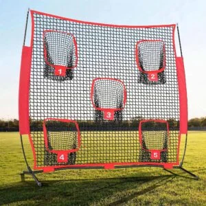 7x7 Feet High-Intensity Five Goal Rugby Training Net | Backyard Quarterback Passing Practice, Includes Rugby Ball and Portable Bag, Polyester, Red - STURDUM