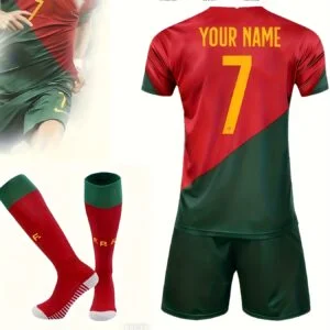Personalized Customization/3pcs Set Boys' Top Plus Shorts Plus Long Socks Set, C, R7 Jersey, Training Suit, Set, Boys' Jersey Set, Name Customization, Idol Customization, Short-Sleeved Shorts Set, Free Football Compression Socks