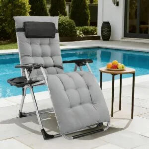 Zero Gravity Recliner, Foldable Headrests, Recliner with Cup Holder Tray And Detachable Cushion, Indoor/ Outdoor Foldable Recliner, Black/ Gray