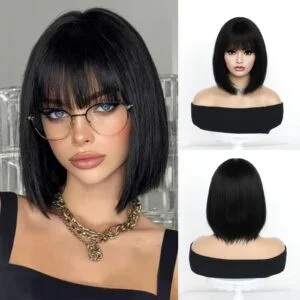 Women's 12'' Short Straight Heat-Resistant Bob Wig with Flat Bangs - Black 1920s Flapper Hair for Cosplay, 1920s Costume Party, Daily Wear & Themed Events - Vintage Wigs for 1920s Character
