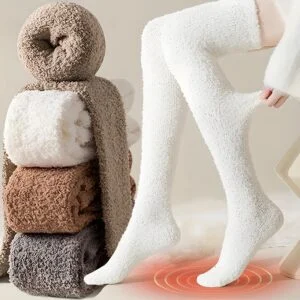3 Pairs Women'S Knee-High Socks | Fluffy Thigh-High Fabric, Solid Color, Machine Washable, Soft and Warm, Ideal for Autumn and Winter Use at Home or on the Floor