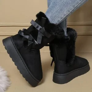 Women's Winter Warm Boots – Plush Bow Mid-Calf Boots with Non-Slip Flat Sole, Suitable for Casual, Outdoor, and Daily Wear, Women Shoes