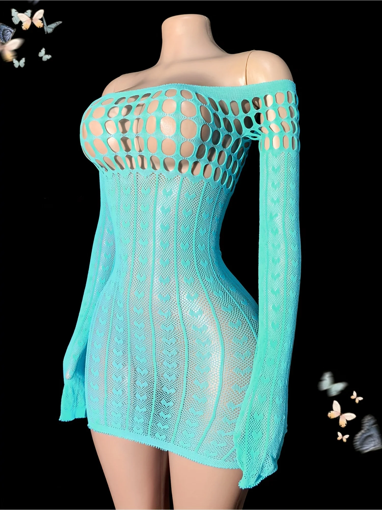 1pc Women'S Sexy Sheer Bodysuit Cover-Up | Long Sleeve Cut-out Wrap Dress with Fishnet Sleeves, High Stretch Plus Size, Ideal for Music Festivals & Summer Swimwear - Image 4