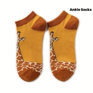 [Giraffe Print Ankle Socks] Playful Animal Socks | Women's Cute Cartoon Giraffe Print Short Socks - Yellow & Brown Ankle Socks with Giraffe Decor, Perfect for Casual Wear