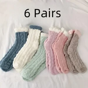 6 Pairs Coral Fleece Crew Socks, Casual & Warm Soft Floor Home Socks for Fall & Winter, Women's Stockings & Hosiery
