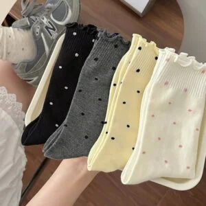 4 Pairs of Lacy Japanese-Style Polka Dot Socks | Mid-Calf Length, Fabric, Suitable for Daily Wear, Home, Sports, Versatile, Cute, Ideal for and
