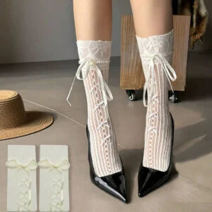 1 Pair Women'S Elegant Lace-Edged Calf Socks | Bow Detail Striped Design, 95% 5% Elastane, Machine Washable for Mary Jane and Loafers - Spring/Summer Fashion, Comfortable and Elastic Fit