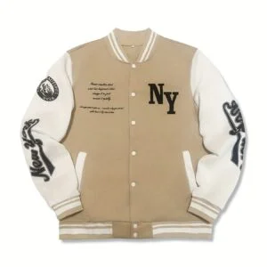 [Contrast Baseball Jacket] Men's Black & White Contrast NY Lettering Baseball Jacket | Long Sleeve, Regular Fit, Casual Style for Spring/Fall, Durable Fabric