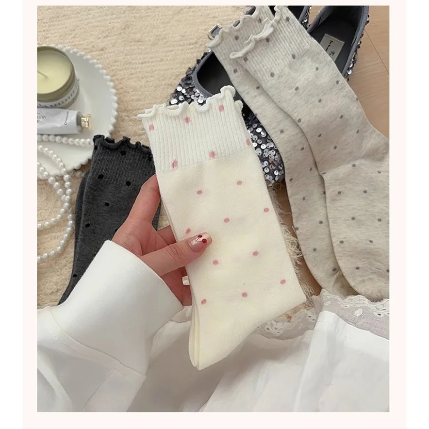 4 Pairs of Lacy Japanese-Style Polka Dot Socks | Mid-Calf Length, Fabric, Suita… - Image 20