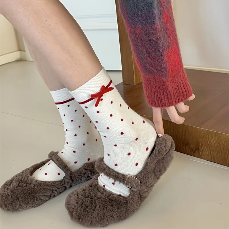 5 Pairs (10pcs) Of Women's Holiday Bow Knee-length Socks: Holiday Red Dots with… - Image 2