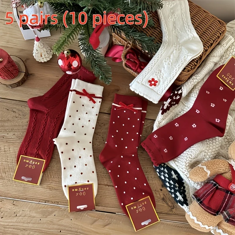 5 Pairs (10pcs) Of Women's Holiday Bow Knee-length Socks: Holiday Red Dots with… - Image 10