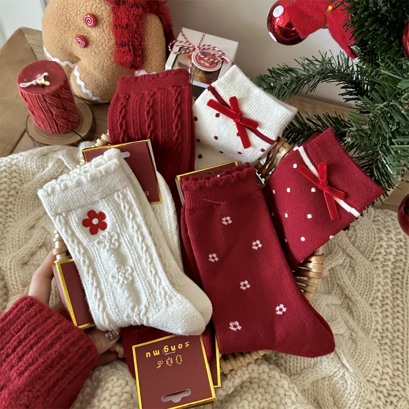 5 Pairs (10pcs) Of Women's Holiday Bow Knee-length Socks: Holiday Red Dots with… - Image 12