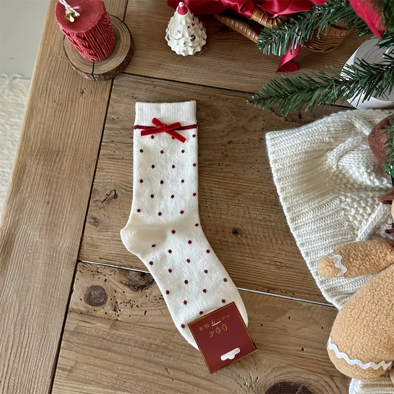 5 Pairs (10pcs) Of Women's Holiday Bow Knee-length Socks: Holiday Red Dots with… - Image 14
