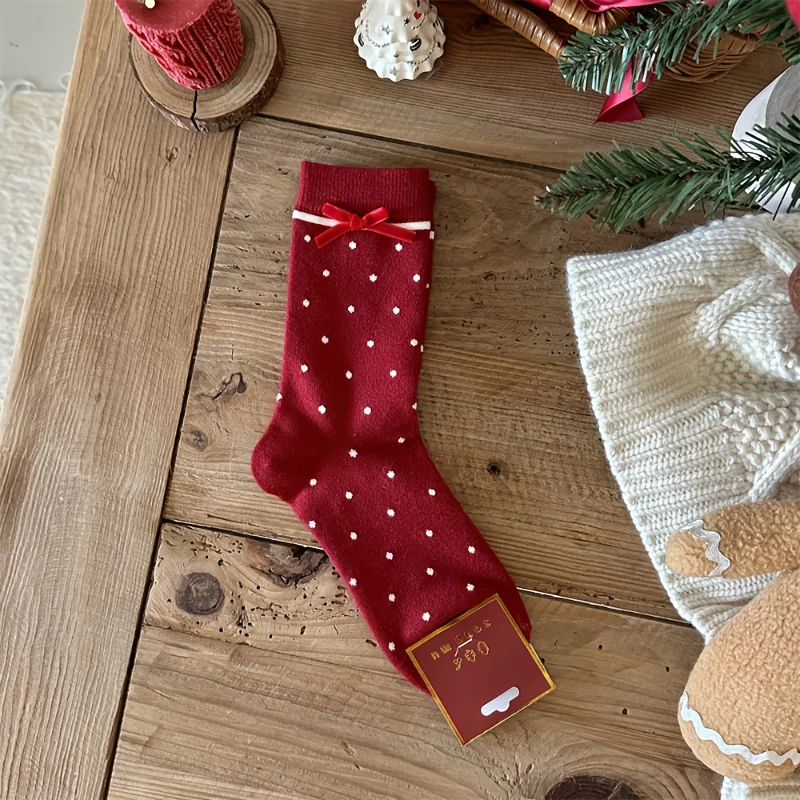 5 Pairs (10pcs) Of Women's Holiday Bow Knee-length Socks: Holiday Red Dots with… - Image 22