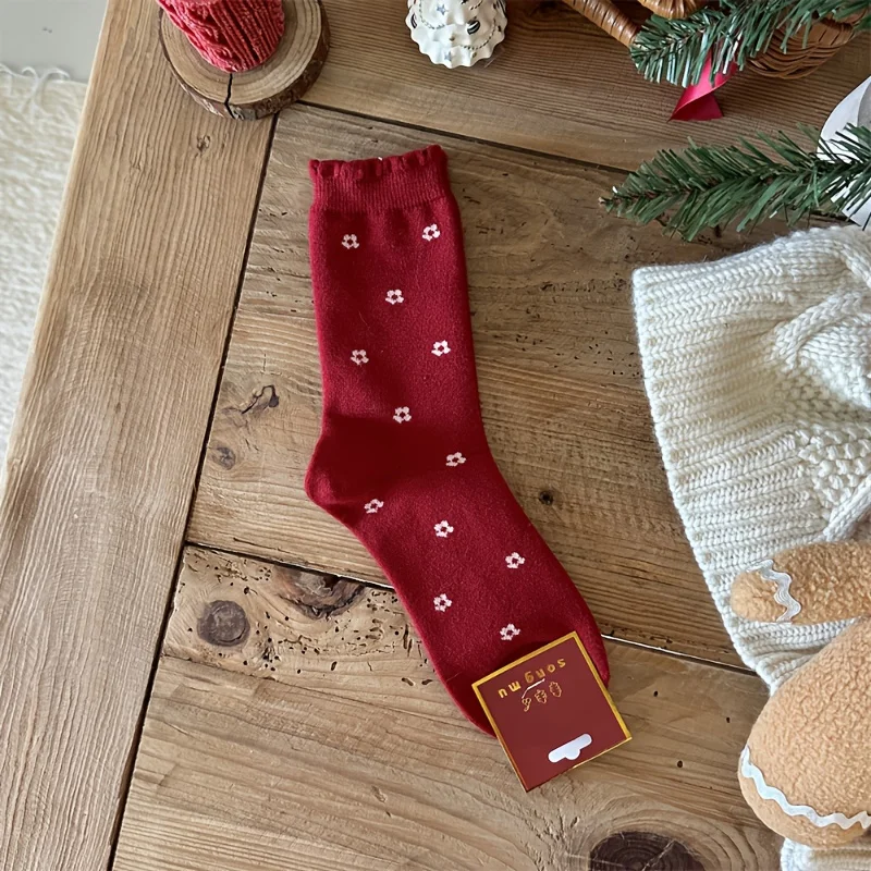 5 Pairs (10pcs) Of Women's Holiday Bow Knee-length Socks: Holiday Red Dots with… - Image 30