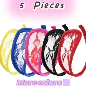 [Sexy Floral Lace Thong] 5pcs Sexy Floral Lace C-String Thong | Invisible, Elastic Polyester Blend with Spandex, Hand Washable - Adult Use Only