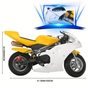 49cc Two-Stroke Yellow White Motorcycle | Mini Motorcycle with Dual Headlights, Rubber Handlebar, Strong Power, Maximum Speed of 20 Miles per Hour, Size 41.33*25.59 Inches, Without Battery