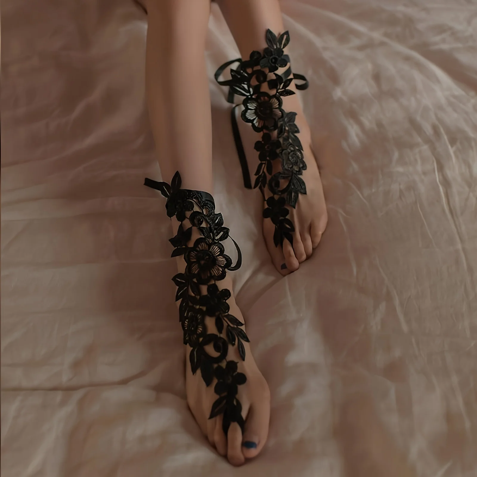 2pcs of Sexy Lace Embroidered Anklets with Toe Rings, Floral Barefoot Sandals f… - Image 6