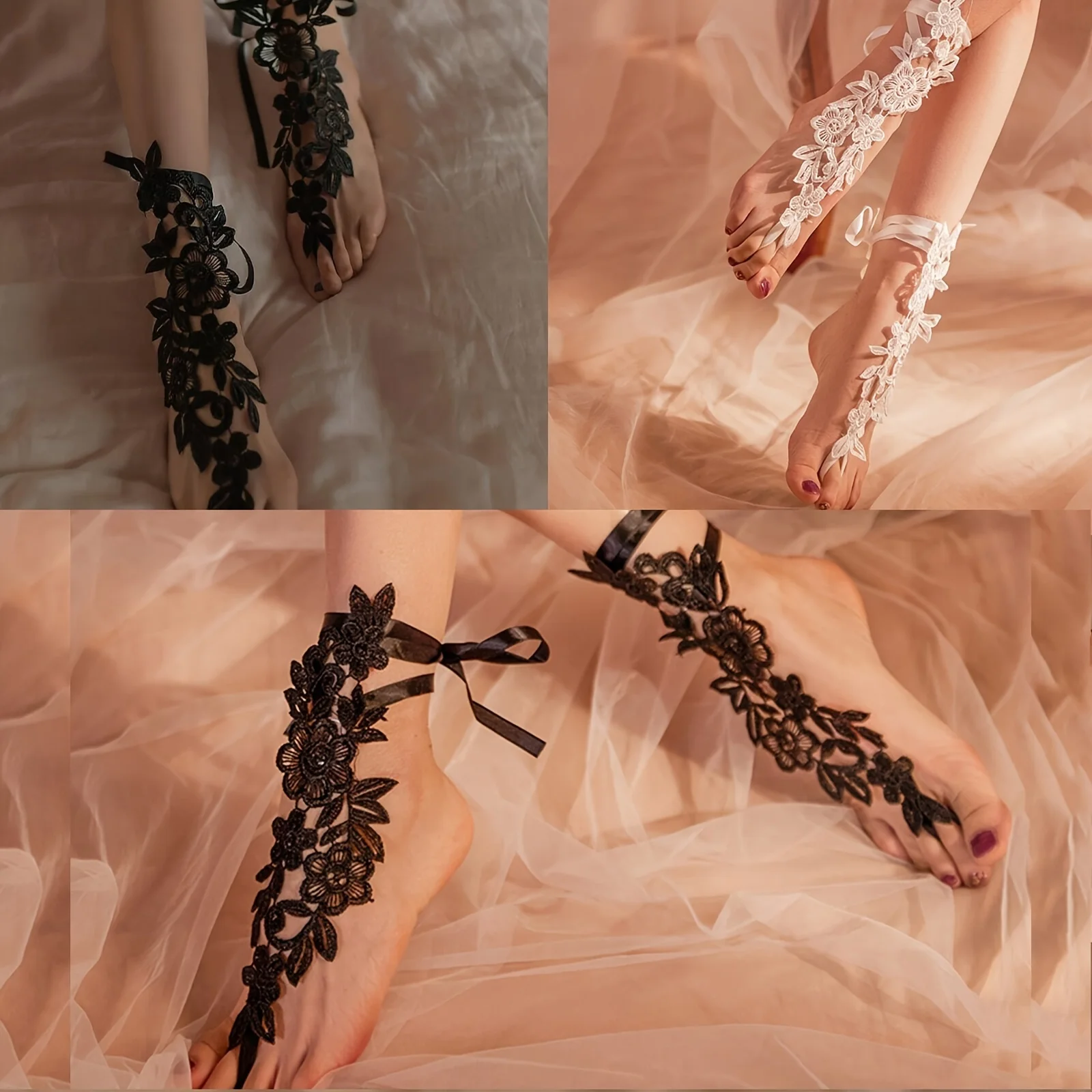2pcs of Sexy Lace Embroidered Anklets with Toe Rings, Floral Barefoot Sandals f… - Image 23