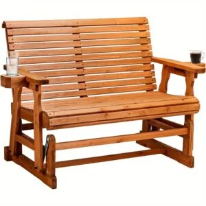 Outdoor Glider Bench Wood Patio Glider with Cup Holders, Porch Glider Chair Outdoor Bench Glider Loveseat with Smooth Rocking Mechanism, Heavy Duty 800 LBS