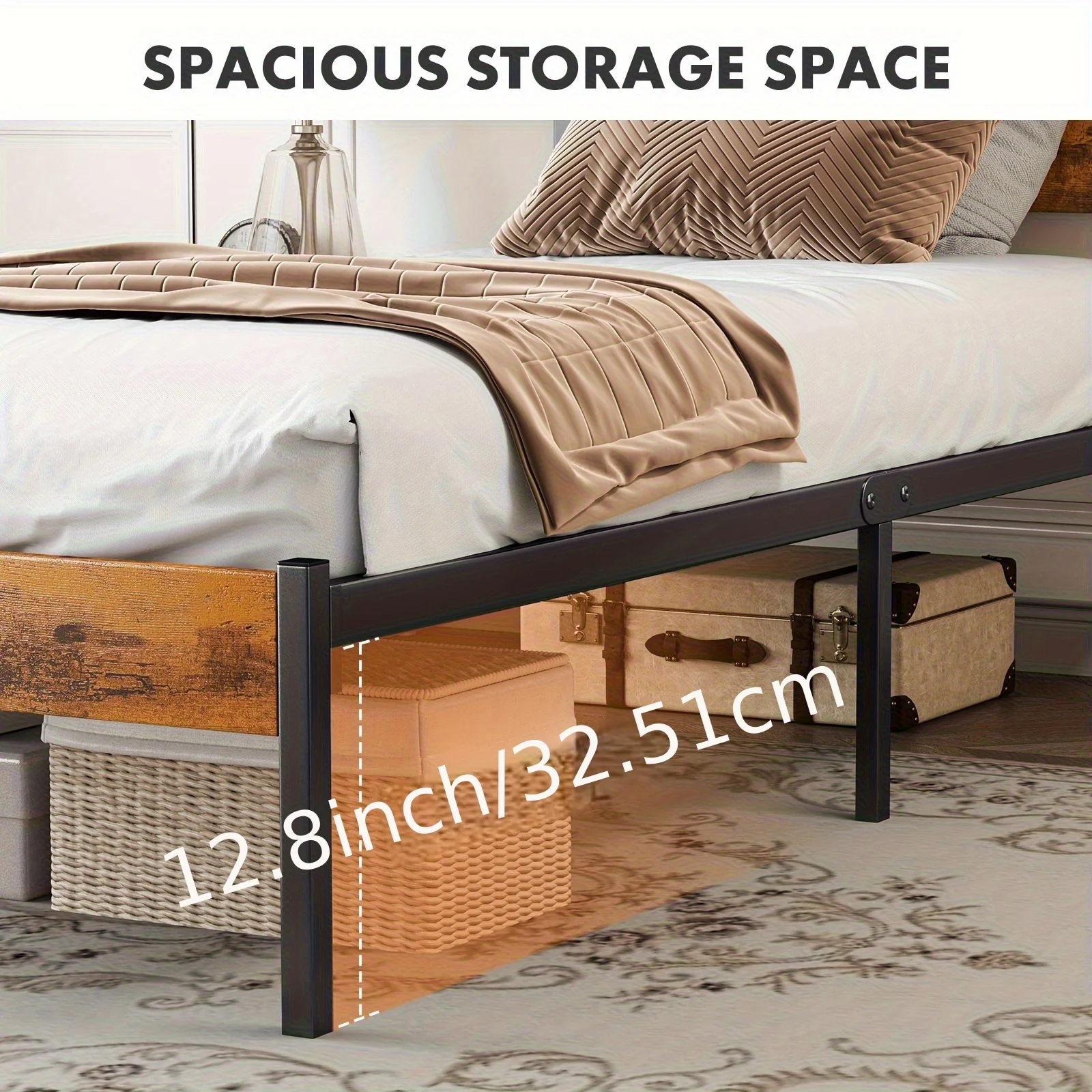 Metal Frame Bed Frame with Headboard, No Box Spring, Has Sturdy Wood Slats to S… - Image 2