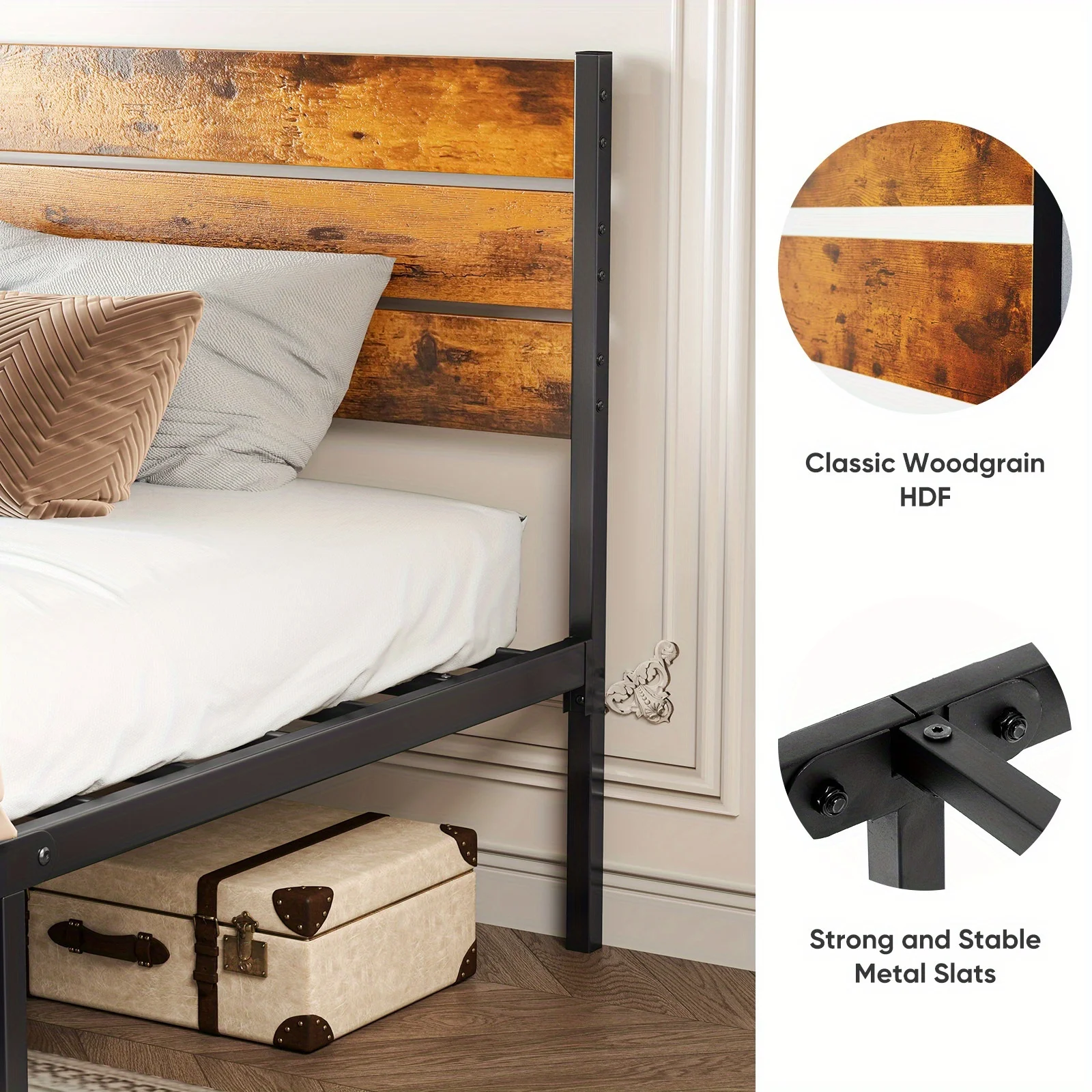 Metal Frame Bed Frame with Headboard, No Box Spring, Has Sturdy Wood Slats to S… - Image 4