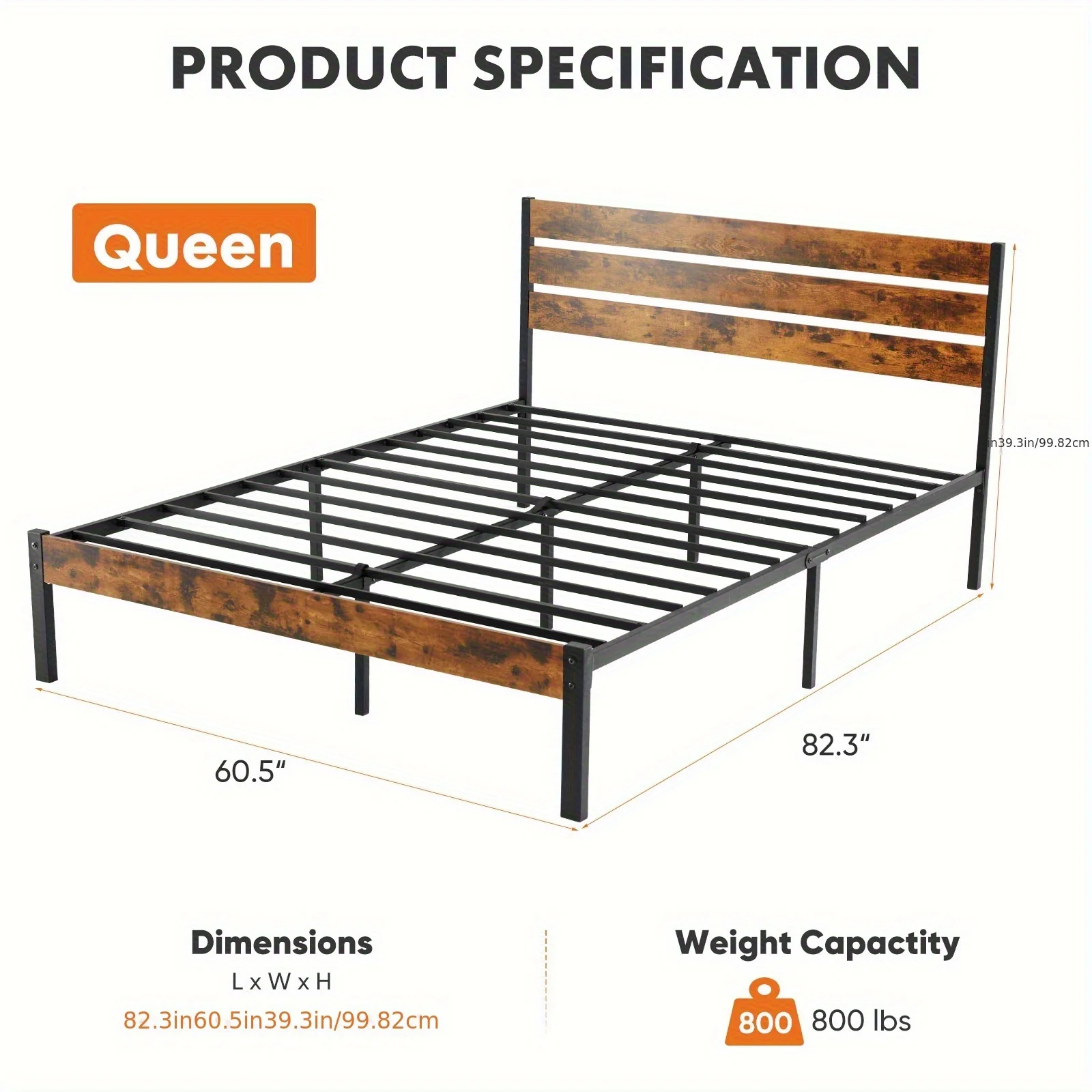 Metal Frame Bed Frame with Headboard, No Box Spring, Has Sturdy Wood Slats to S… - Image 18