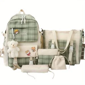 [Cute Plaid Backpack] Five-Piece Large Capacity Plaid Cartoon Canvas School Bag | Casual Simple Backpack, Women's Travel Bag, Cosmetic Bag, Adaptable Stationery Bag, Women's Wallet, Women's Crossbody Bag, Women's Hand Bag