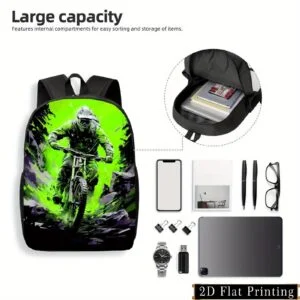 Vibrant Motorcycle Print Backpack - Lightweight, Large Capacity, Adjustable Straps, Zip Closure, Casual Style for Students & Adventurers, Motorcycle Enthusiast Gear | Dynamic Design Backpack | Comfortable Backpac