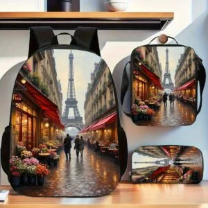 3pcs, Eiffel Tower Backpack, Large Capacity 17-inch Casual Backpack with Water Bottle Holder - Lightweight Durable School Bag with Lunch Bag and Pencil Case, Autumn Gift, Autumn Home Decor, Unisex Work Commuting Travel Picnic Holiday Birthday Gift, Adjustable Strap, Vibrant Print Pattern, Suitable for School Backpack, Unique Gift for Family and Friends, Halloween, Father'S Day, Christmas, Thanksgiving, For Teenager