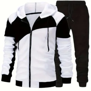 [Autumn and Winter Sports Set] 2pcs Men's Autumn and Winter Sports Set - Comfortable Breathable Fabric, Adjustable Waistband, Fashion Color Block Long Sleeve Hooded Zipper Jacket and Solid Drawstring Jogging Pants, Suitable for Outdoor Activities