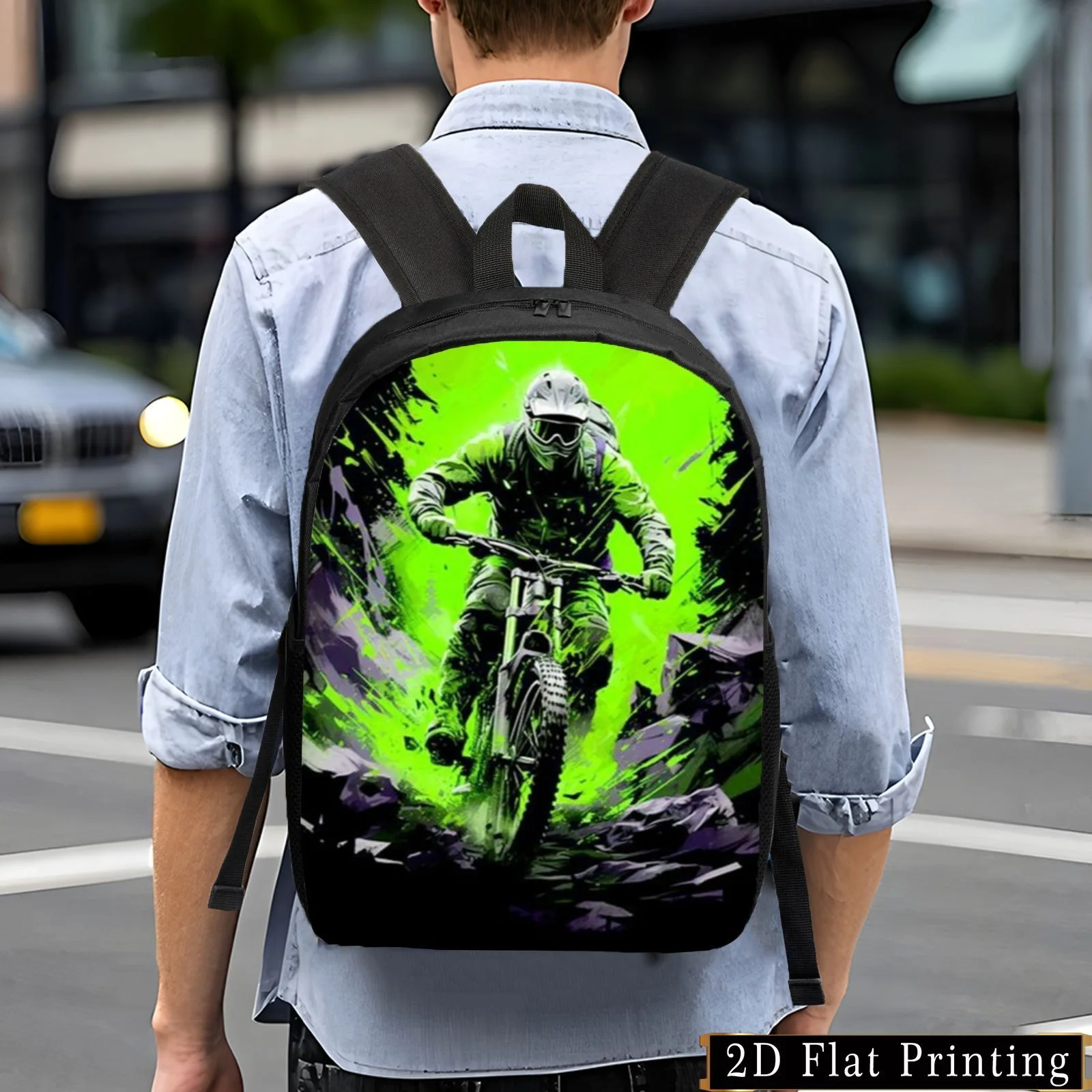 Vibrant Motorcycle Print Backpack - Lightweight, Large Capacity, Adjustable Str… - Image 3
