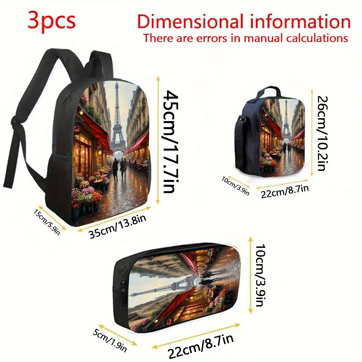 3pcs, Eiffel Tower Backpack, Large Capacity 17-inch Casual Backpack with Water… - Image 8