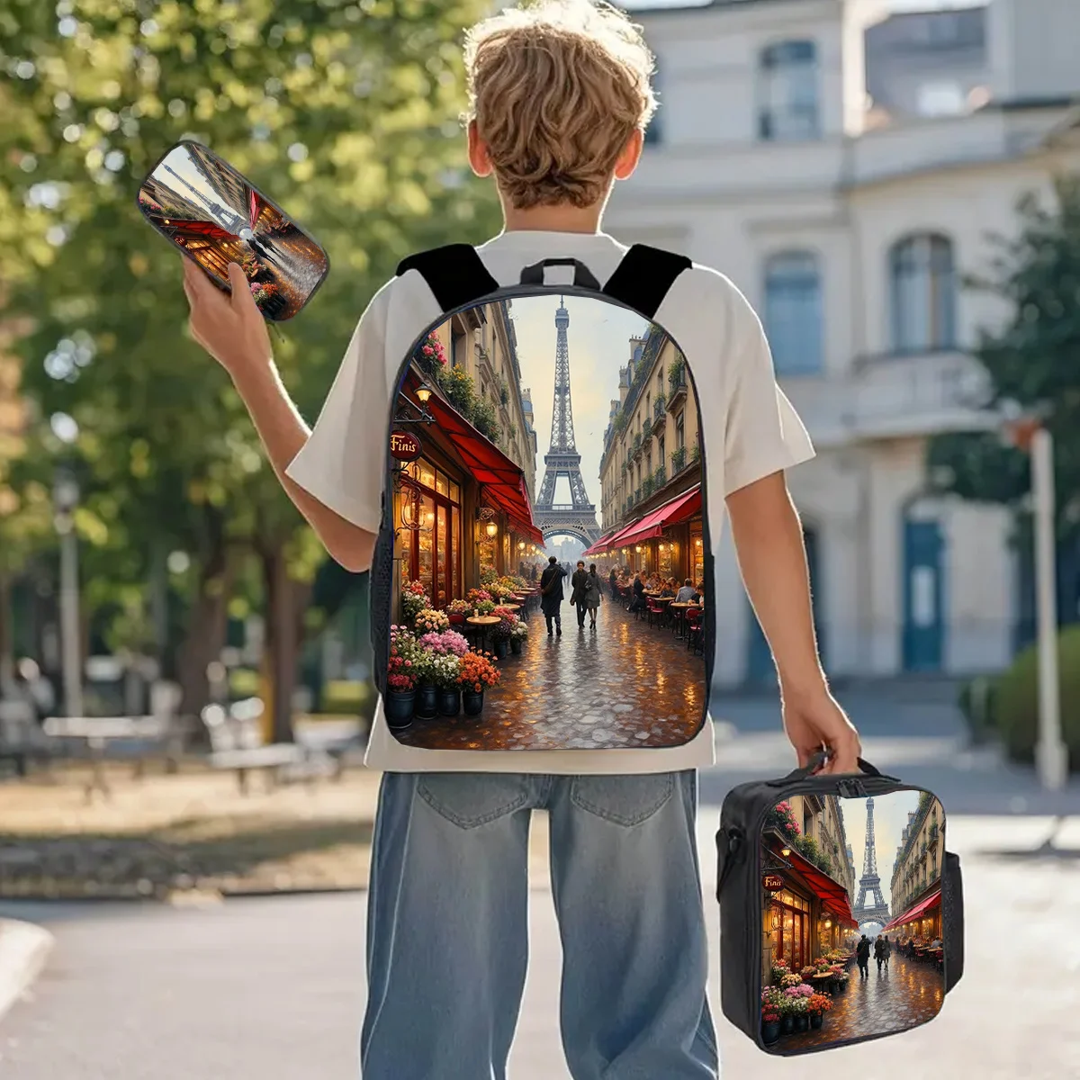 3pcs, Eiffel Tower Backpack, Large Capacity 17-inch Casual Backpack with Water… - Image 20