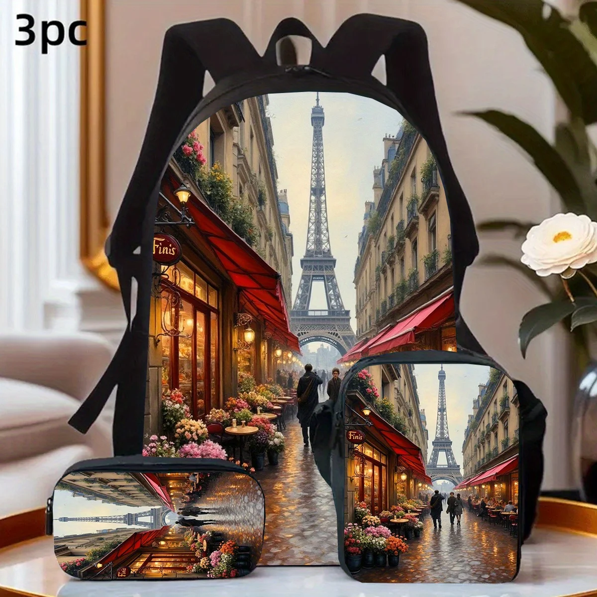 3pcs, Eiffel Tower Backpack, Large Capacity 17-inch Casual Backpack with Water… - Image 21