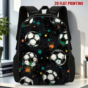 1pc Large Capacity Football Backpack - 2D Flat Print Soccer Ball Design, Black with Colorful Splashes, Lightweight Travel Shoulder Bag with Adjustable Straps & Zipper Closure, Durable for Business, Daily Use & Sports Enthusiasts, Backpack for Travel, Sports Bag, Stylish Accessory, Functional Design
