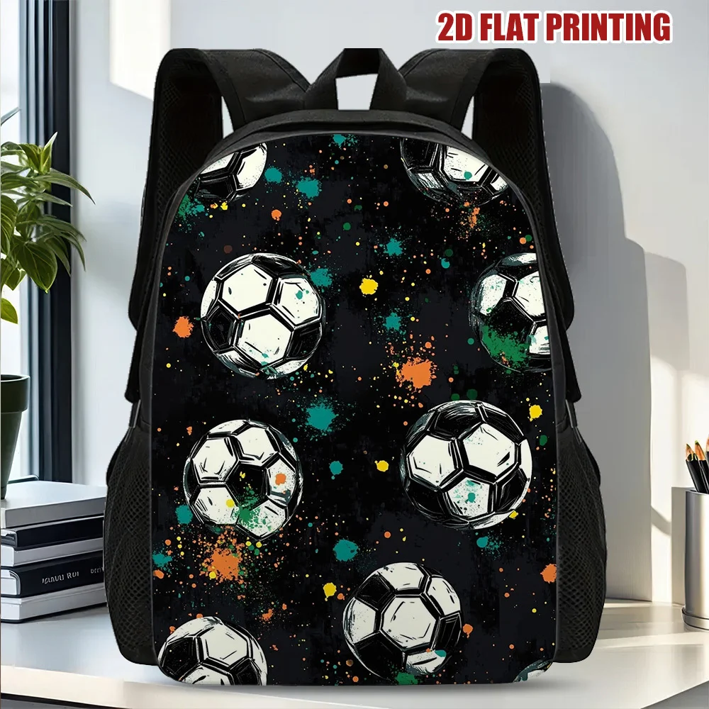 1pc Large Capacity Football Backpack - 2D Flat Print Soccer Ball Design, Black…