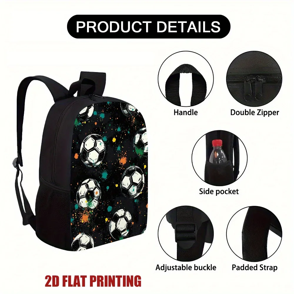1pc Large Capacity Football Backpack - 2D Flat Print Soccer Ball Design, Black… - Image 8