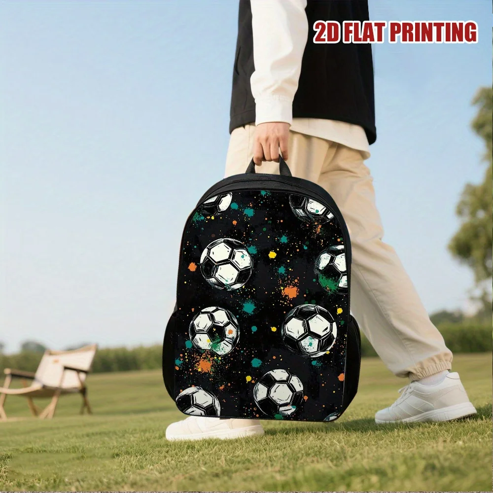 1pc Large Capacity Football Backpack - 2D Flat Print Soccer Ball Design, Black… - Image 17