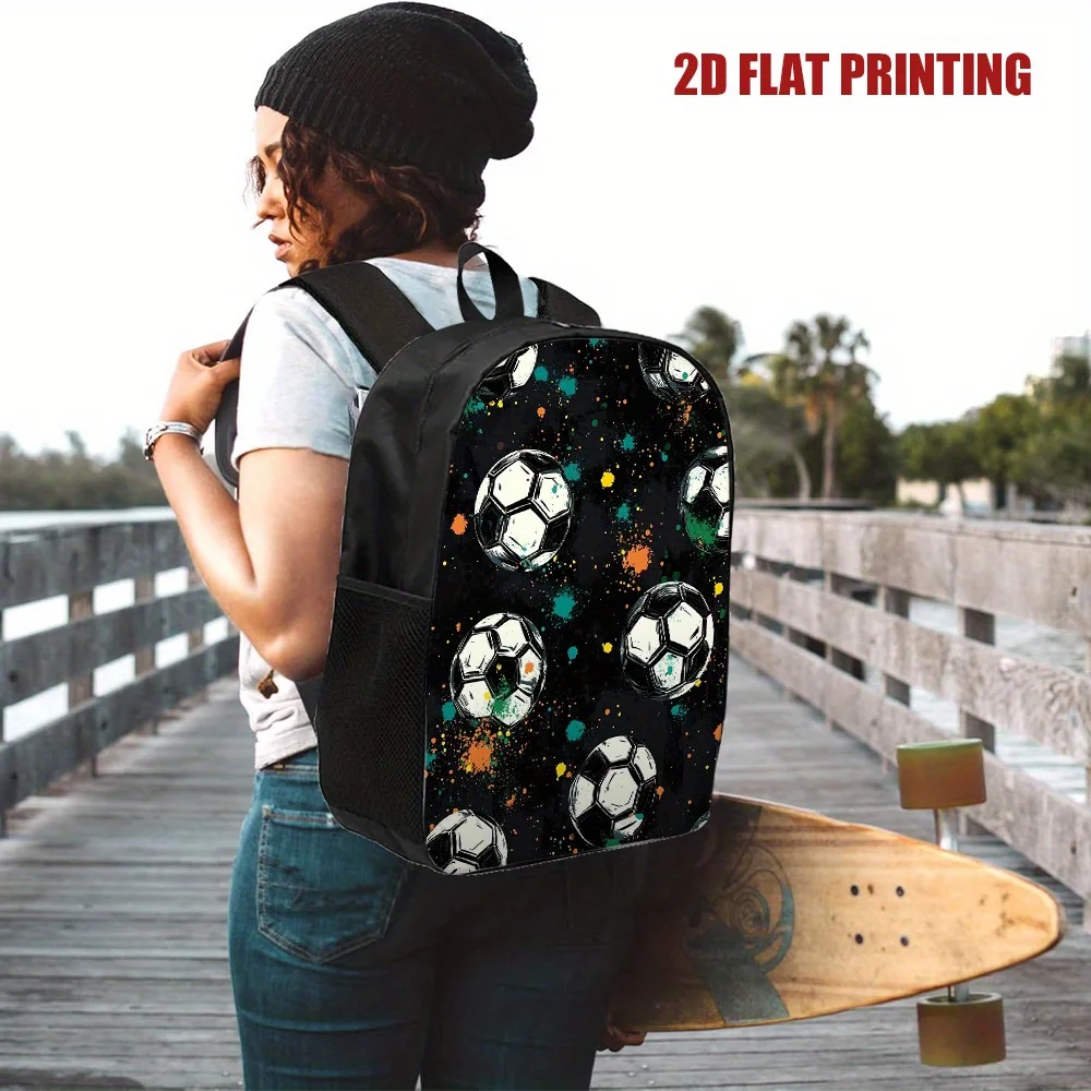 1pc Large Capacity Football Backpack - 2D Flat Print Soccer Ball Design, Black… - Image 21