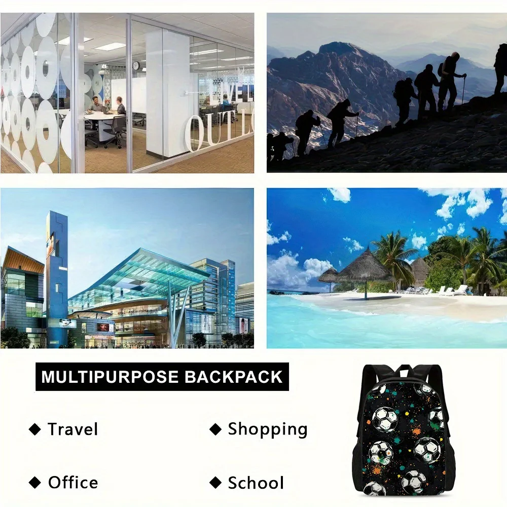 1pc Large Capacity Football Backpack - 2D Flat Print Soccer Ball Design, Black… - Image 22