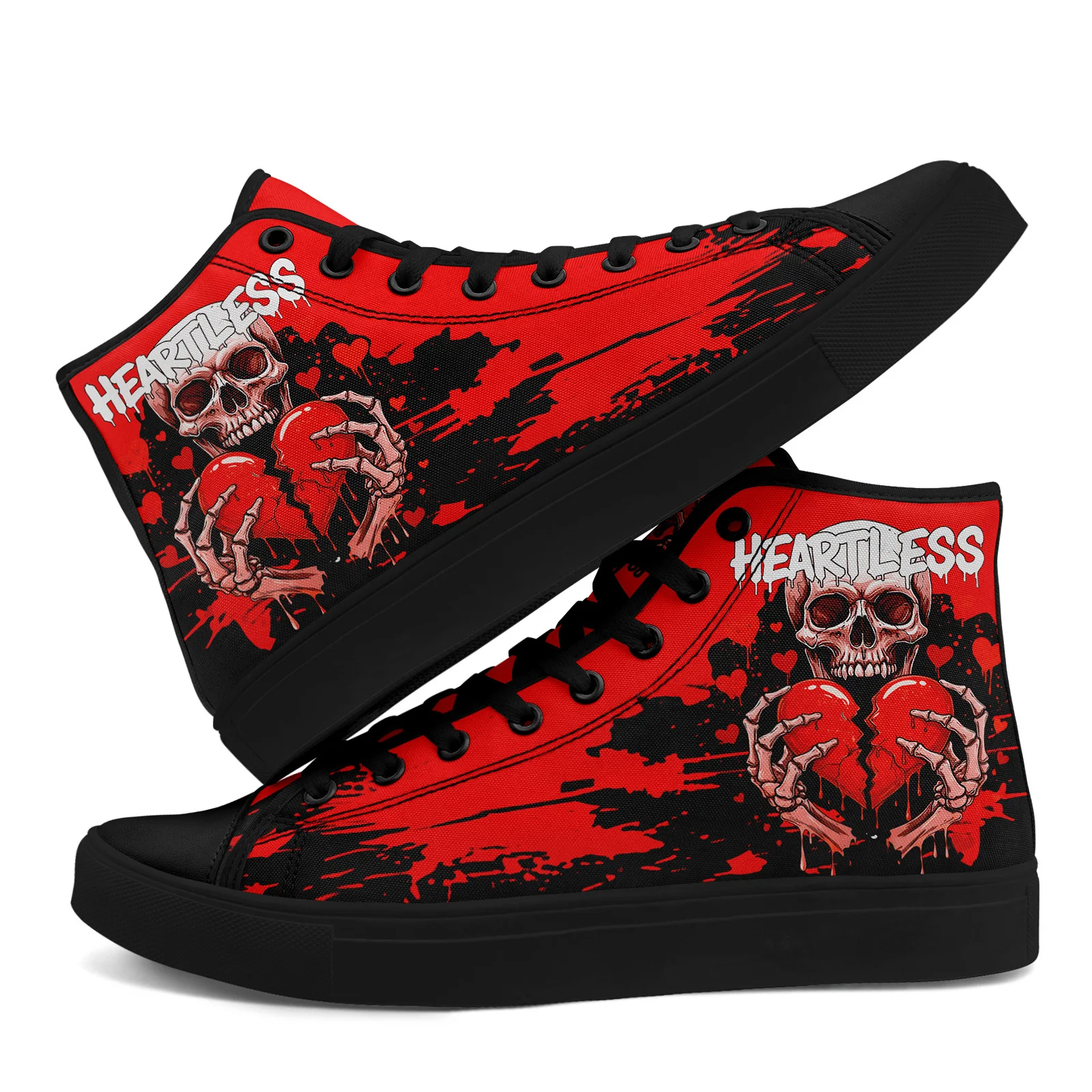 Men's Plus Size Gothic Heartless High Top Sneakers, Red Skeleton Broken Heart S…