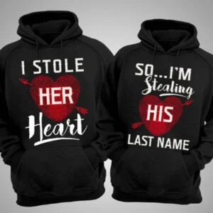 (300G Blend) 1pc Valentine'S Day Couple Outfit Limited Edition I STOLE HER HEART Printed Couple Hoodie with Kangaroo Pocket And Plush Casual Long Sleeved Hooded Sweatshirt, Suitable for Outdoor Use
