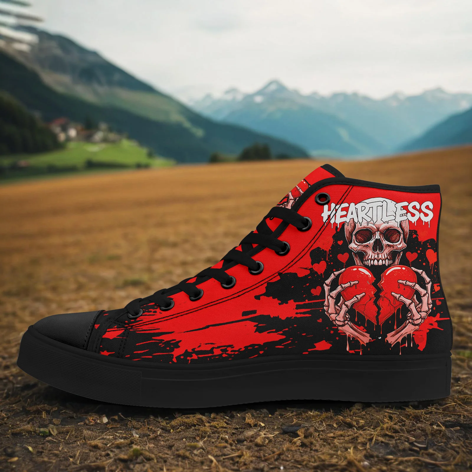 Men's Plus Size Gothic Heartless High Top Sneakers, Red Skeleton Broken Heart S… - Image 4