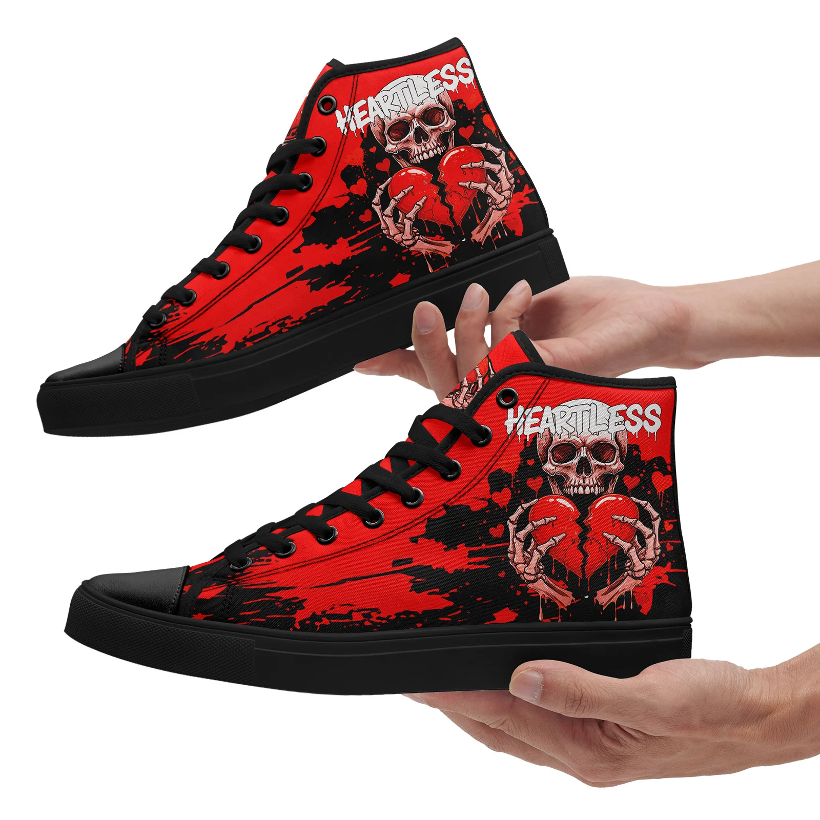 Men's Plus Size Gothic Heartless High Top Sneakers, Red Skeleton Broken Heart S… - Image 9