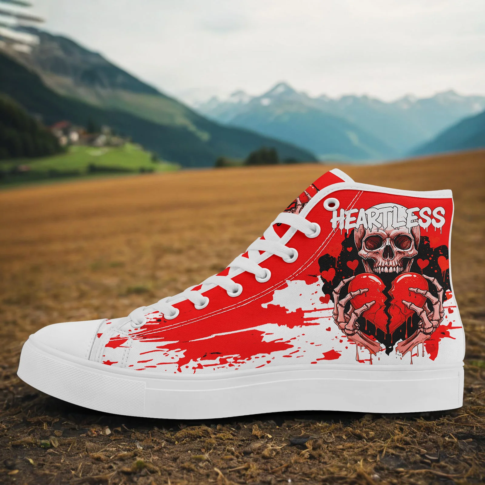 Men's Plus Size Gothic Heartless High Top Sneakers, Red Skeleton Broken Heart S… - Image 12