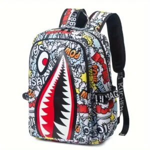 [Shark Backpack for Teens] Lightweight Stylish Shark Backpack for Boys, Girls & Teens | Oxford Cloth Daypack with Adjustable Straps, 16 Inch Height & 2.64-5.28 Gallon Capacity, Cartoon Print Design, Zipper Closure for School, Camping, Travel