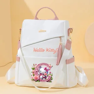 Sanrio Hello Kitty Alphabet Series | 26 letters from A to Z | Women's Backpack Lightweight Anti-theft Backpack - Large-capacity PU travel backpack with adjustable shoulder straps, tassel details, and multiple compartments. Stylish white and pink trim